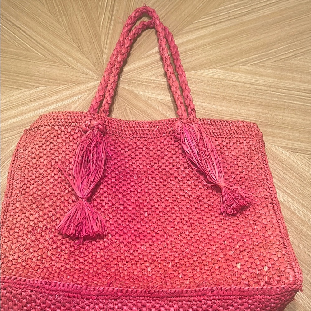 Braided Handle Pink Woven Tote Bag